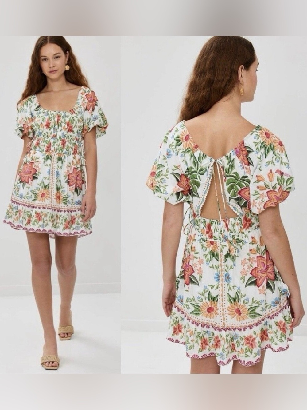 FARM RIO Bloom Garden Off White Short Sleeve Mini Dress Size Medium
